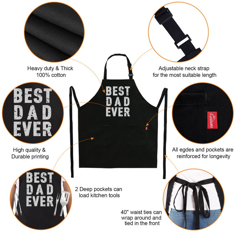 ALIPOBO BBQ Funny Apron for Men - Best Dad Ever - Chef Bib Apron with 2 Pockets, Adjustable Neck Strap and 40" Long Ties - Best for Kitchen Cooking, Grilling, Baking, Gardening - Black - Image 3